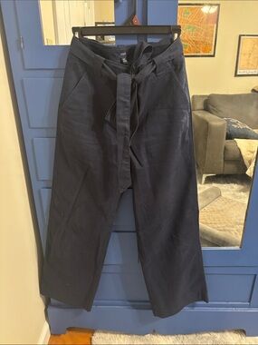 J. Crew Factory 4P Twill Wide-Leg Tie-Waist Trousers in Dark Navy